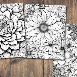 Puede incluir: Cuatro p&aacute;ginas para colorear imprimibles en blanco y negro con dise&ntilde;os florales intrincados. Cada p&aacute;gina presenta una disposici&oacute;n diferente de flores, incluyendo rosas, margaritas y otras flores.