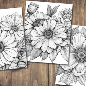 Puede incluir: Tres impresiones de arte imprimibles en blanco y negro con dibujos detallados de varias flores, incluyendo margaritas, rosas y girasoles.