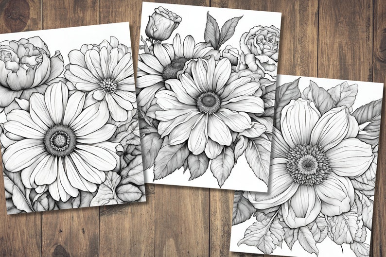 Puede incluir: Tres impresiones de arte imprimibles en blanco y negro con dibujos detallados de varias flores, incluyendo margaritas, rosas y girasoles.