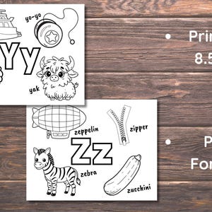 May include: Black and white printable colouring pages featuring the letters Y and Z with various words and illustrations. The words include yacht, yo-yo, yarn, yak, zeppelin, zipper, zebra, and zucchini.