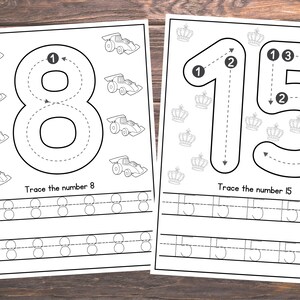 May include: Black and white printable worksheet for tracing the numbers 8 and 15. The worksheet includes a large number 8 with arrows indicating the tracing order, followed by a row of smaller 8s to practice tracing. The worksheet also includes a large number 15 with arrows indicating the tracing order, followed by a row of smaller 15s to practice tracing.