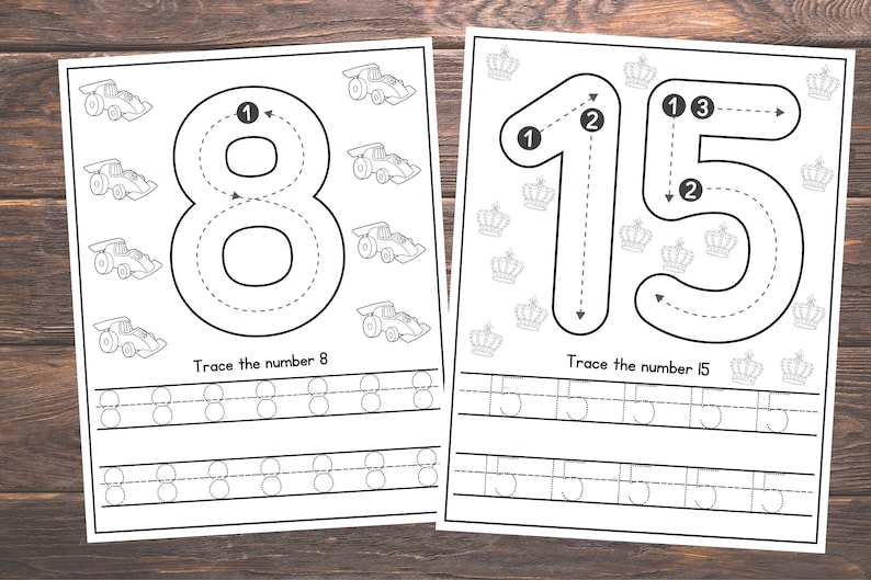 May include: Black and white printable worksheet for tracing the numbers 8 and 15. The worksheet includes a large number 8 with arrows indicating the tracing order, followed by a row of smaller 8s to practice tracing. The worksheet also includes a large number 15 with arrows indicating the tracing order, followed by a row of smaller 15s to practice tracing.