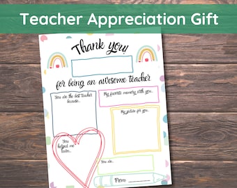 Teacher Appreciation Gift, Teacher Appreciation Week, All About Teacher Fill in Blank Printable, Teacher Thank You Gift, Coloring Page Kids