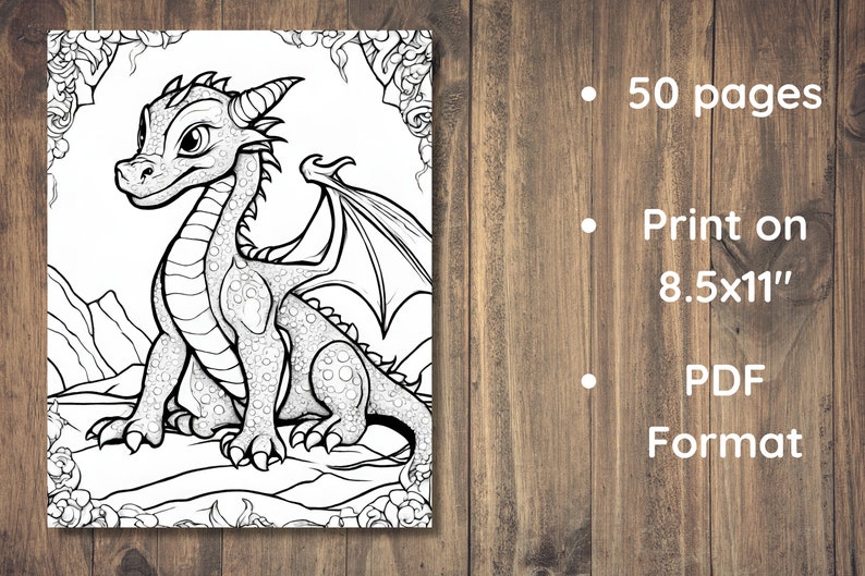 50 Baby Woodland Dragon Fantasy Coloring Page Book, Adults + Kids- Instant Download Coloring Page, Printable PDF, Dragons coloring image 5