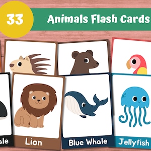 33 Tarjetas flash de animales / Tarjetas de animales / Tarjetas didácticas de animales imprimibles / Animales del océano del bosque de granja / Tarjetas educativas / Tarjetas preescolares para niños pequeños