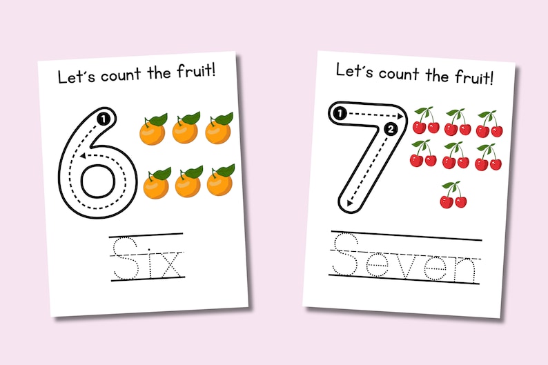 May include: A printable worksheet for kids to learn to count and trace the numbers six and seven. The worksheet features illustrations of oranges and cherries.