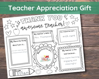 Teacher Appreciation Gift Printable, Teacher Thank You Coloring Page Kids,  Thank You Teacher Appreciation Card, All About My Teacher Gift