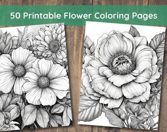50 Printable Flower Coloring Pages, Coloring Book, Adults + Kids, Grayscale Coloring, Instant Download, Printable, 8.5x11", PDF