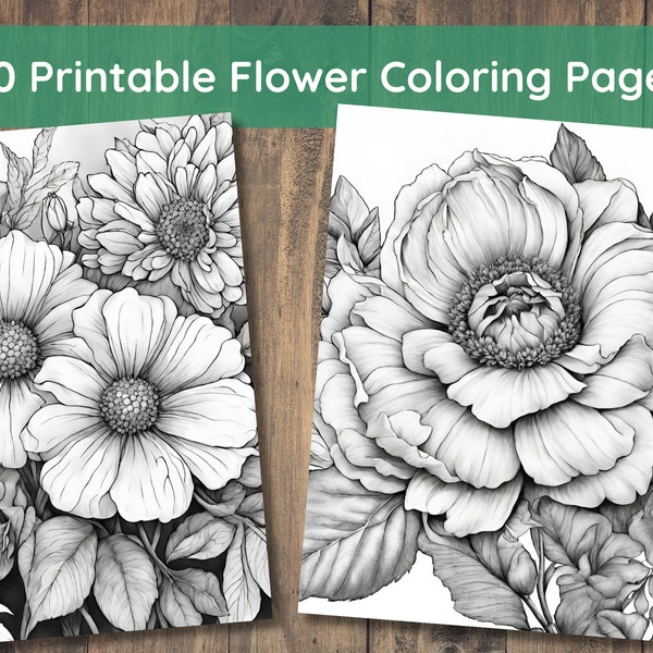 50 Printable Flower Coloring Pages, Coloring Book, Adults + Kids, Grayscale Coloring, Instant Download, Printable, 8.5x11", PDF