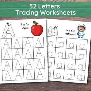 May include: Two white tracing worksheets with the text "52 Letters Tracing Worksheets". One worksheet shows the letter "A" with an apple illustration and the text "A is for Apple". The other worksheet shows the letter "a" with an astronaut illustration and the text "a is for astronaut".