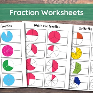 Pode incluir: Folhas de trabalho de fra&ccedil;&otilde;es com diagramas circulares coloridos, cada um dividido em segmentos. As folhas de trabalho apresentam o texto "Escreva a fra&ccedil;&atilde;o" acima de cada conjunto de diagramas, projetadas para fins educacionais. Os diagramas s&atilde;o de v&aacute;rias cores.