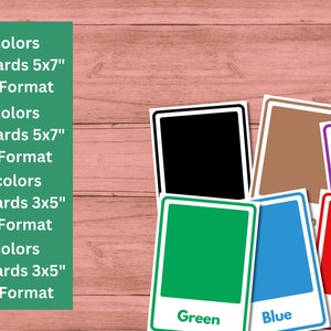 May include: A set of color flashcards in various sizes and formats. The flashcards feature the colors red, blue, green, brown, purple and black. The text on the flashcards reads "15 colors flashcards 5x7" PNG Format", "15 colors flashcards 5x7" PDF Format", "15 colors flashcards 3x5" PDF Format", and "15 colors flashcards 3x5" PNG Format".