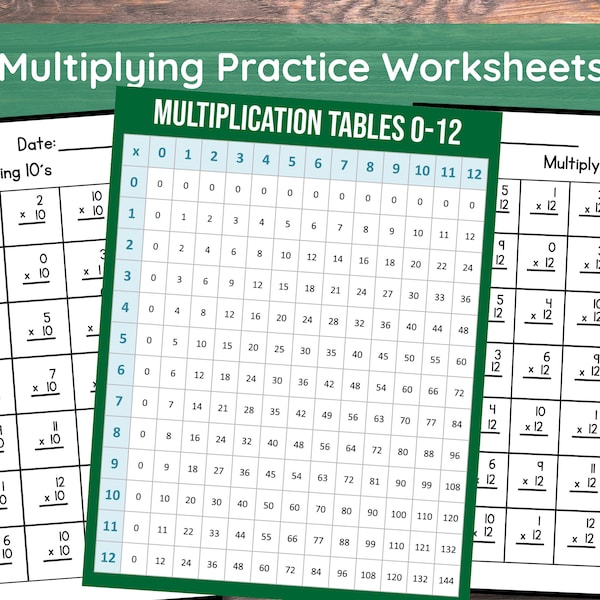 24 hojas de trabajo de práctica de multiplicación imprimibles / Números 1-12 / Matemáticas de 1.° a 4.° grado / Hojas de trabajo de matemáticas / Tabla de multiplicar 0-12