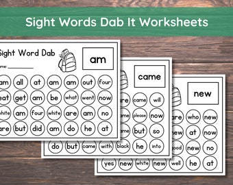 Sight Words - Worksheets - Printable - Instant Download - Kindergarten - Activities - 52 Kindergarten Dolch Sight Words - Dab It Worksheets