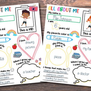 May include: Two colorful "All About Me" printable worksheets. One is filled out with the name "Ian Smith", age 5, favorite color "Red", favorite food "Pasta", and the desire to be a teacher. The other is filled out with the name "Mia Johnson", age 6, favorite color "Purple", favorite food "pizza", and the desire to be a doctor.