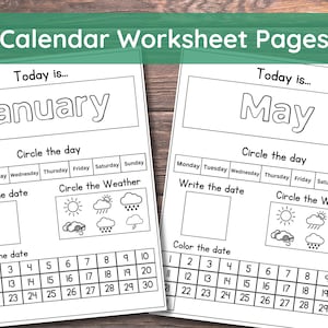 12 afdrukbare pagina's met peuterkalenderwerkbladen | Maand, dag, datum, weer | Digitale maandkalender | Interactief notitieblok voor thuisonderwijs