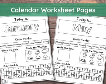 12 pages imprimables de calendrier préscolaire | Mois, jour, date, météo | Calendrier numérique mensuel | Cahier interactif pour l'école à la maison