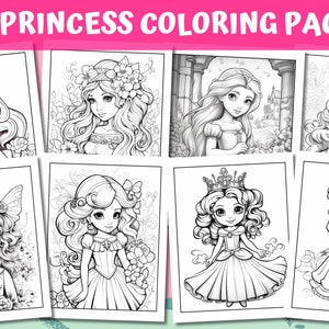 May include: A set of eight black and white colouring pages featuring princesses with long flowing hair, crowns, and intricate details.  The pages are perfect for children who enjoy colouring and fantasy.