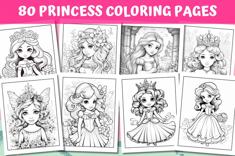 May include: A set of eight black and white colouring pages featuring princesses with long flowing hair, crowns, and intricate details.  The pages are perfect for children who enjoy colouring and fantasy.