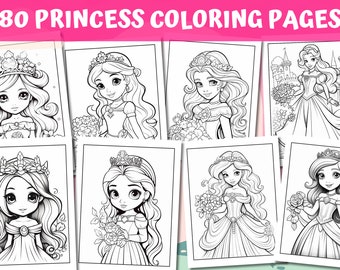 Princess Coloring Pages For Kids, 80 Coloring Pages, Princess Coloring Sheets, Princess Coloring Book, Girl Coloring Pages, 8.5x11"