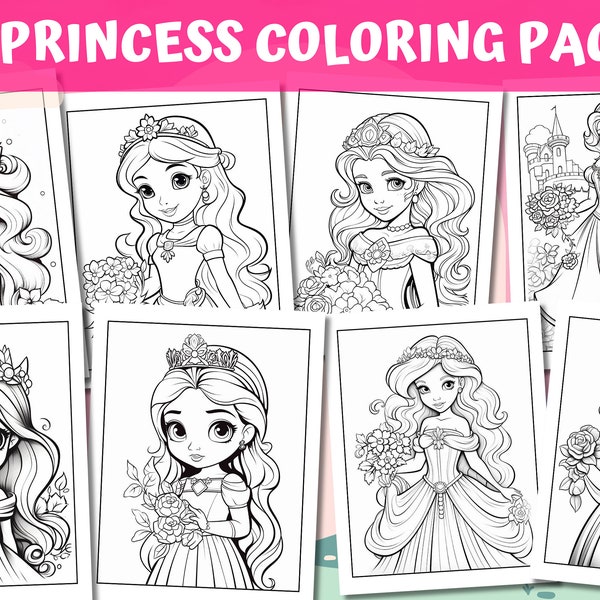 Princess Coloring Pages For Kids, 80 Coloring Pages, Princess Coloring Sheets, Princess Coloring Book, Girl Coloring Pages, 8.5x11"