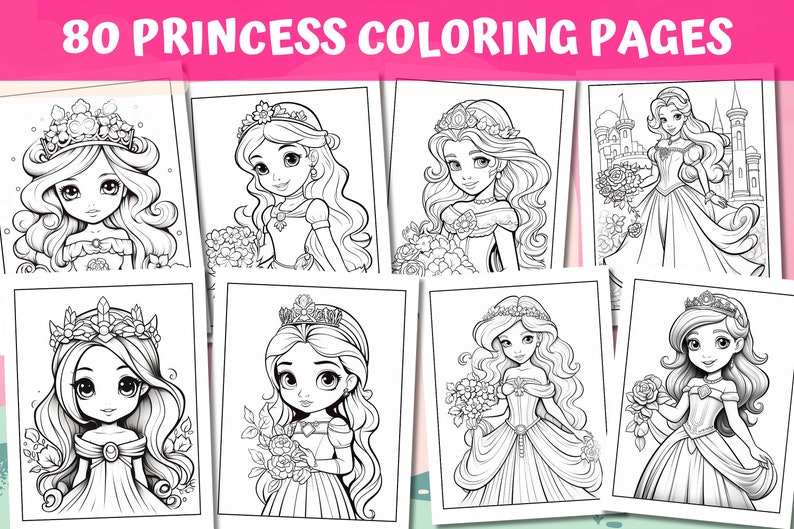 May include: A set of eight black and white colouring pages featuring princesses with crowns and flowers. The pages are part of a larger set of 80 princess colouring pages.