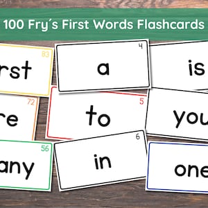 100 afdrukbare Fry's First Hundred Sight Word-flashkaarten | Zichtwoorden kleuterschool 1e klas | Hoogfrequente woordflashcards | Kleurgecodeerd: