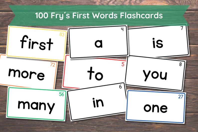May include: A set of 100 flashcards featuring Fry's First Words. The flashcards are color-coded and numbered. The words on the flashcards include "first", "a", "is", "more", "to", "you", "many", "in", and "one".