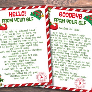 Puede incluir: Dos cartas navideñas festivas de un elfo, una que dice "¡Hola!" y la otra "¡Adiós!" Ambas tienen bordes rojos y blancos, sombreros de elfo y una ilustración de árbol de Navidad. Las cartas están sobre un fondo de madera.