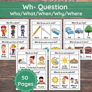 Op de afbeelding: Educatieve flashcards met de titel "Wh-Question" en de vragen "Wie, Wat, Wanneer, Waarom, Waar". De kaarten bevatten illustraties en tekst om te leren. De set bevat 50 pagina's. De achtergrond is een houten oppervlak.