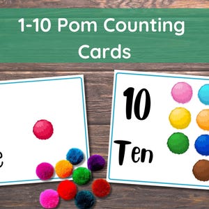 Actividad de conteo y color con pompones, números del 1 al 10, combinación de colores, matemáticas preescolares, habilidades motoras finas, material educativo imprimible para niños pequeños