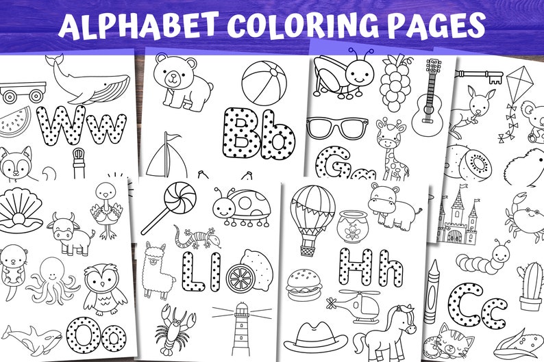 May include: Black and white alphabet colouring pages featuring various animals, objects, and letters. The letters are decorated with polka dots.  The letters include W, B, G, L, H, and C.
