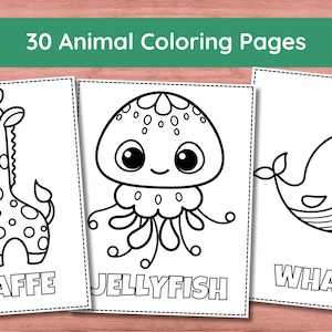 May include: Three black and white coloring pages featuring a giraffe, a jellyfish, and a whale. Each page has the name of the animal printed below the image.