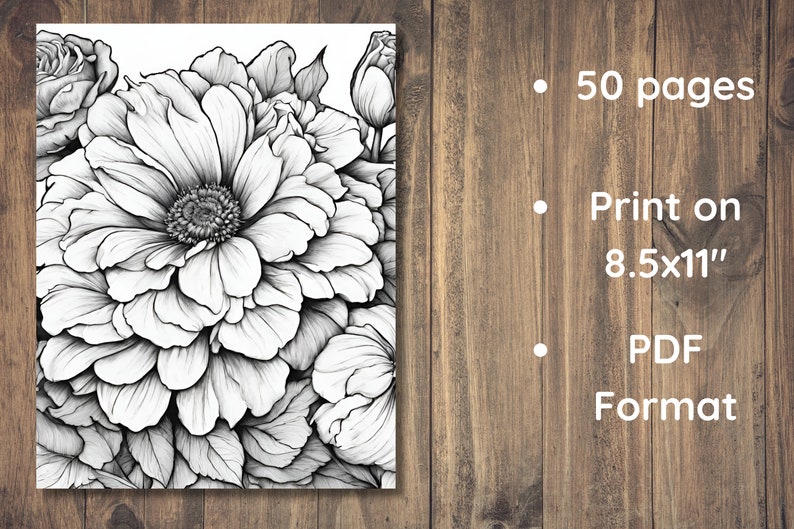 Puede incluir: Un libro para colorear imprimible en blanco y negro con ilustraciones detalladas de flores. El libro incluye 50 p&aacute;ginas y est&aacute; dise&ntilde;ado para imprimirse en papel de 21,6 x 27,9 cm. El libro est&aacute; disponible en formato PDF.