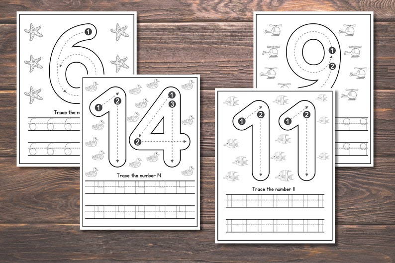 May include: Four printable worksheets for tracing the numbers 6, 1, 4, and 9. Each worksheet features a number with arrows indicating the tracing order. The numbers are surrounded by various images, such as starfish, ducks, fish, and helicopters.