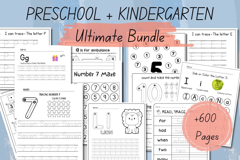 Preschool Pre-K Kindergarten Learning Bundle 600 Pages Printable Activity Worksheets Coloring Dot To Dot Tracing Alphabet image 1