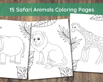 May include: Three black and white coloring pages featuring a hippopotamus, a lion, and a giraffe. Each animal is surrounded by simple leaf designs.