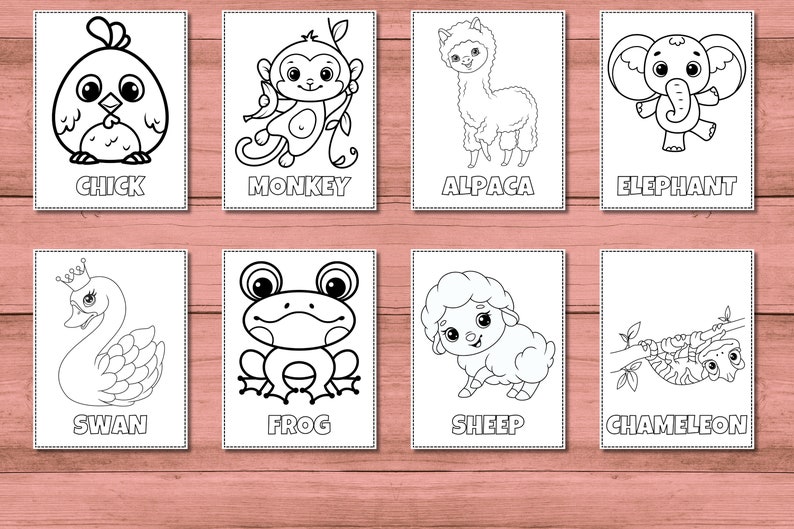 Puede incluir: P&aacute;ginas para colorear en blanco y negro con varios animales, incluyendo un pollito, un mono, una alpaca, un elefante, un cisne, una rana, una oveja y un camale&oacute;n. Cada animal est&aacute; representado en un estilo de dibujos animados lindo con l&iacute;neas y detalles simples.