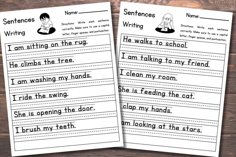 May include: Two white educational worksheets titled Sentences Writing with black text and illustrations of children. Each page features lined spaces for students to practice writing sentences like I am sitting on the rug and He walks to school.
