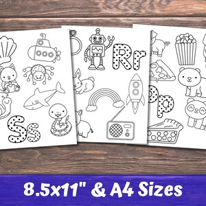 May include: Three black and white printable colouring pages featuring letters of the alphabet, S, R, and P, with various images such as a snail, a shark, a robot, a rocket, a pizza, and a pie.