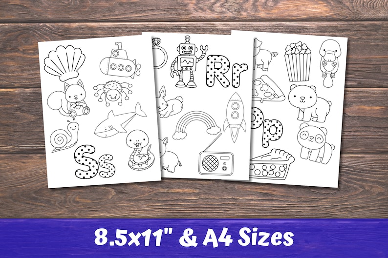 May include: Three black and white printable colouring pages featuring letters of the alphabet, S, R, and P, with various images such as a snail, a shark, a robot, a rocket, a pizza, and a pie.