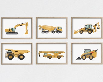 Juego de 12 impresiones de vehículos de construcción, impresiones de construcción para guardería, vehículos para habitación infantil, camión, guardería, transporte, imprimible para habitación de niños