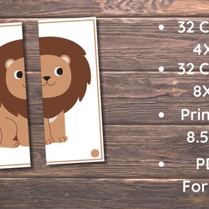 Op de afbeelding: Twee printbare kaarten met een cartoon-leeuw. De leeuw is bruin met een lichtbruine manen. De kaarten zijn 4x5 inch en maken deel uit van een set van 32 kaarten. De kaarten kunnen worden afgedrukt op 8,5x11 inch papier in PDF-formaat.