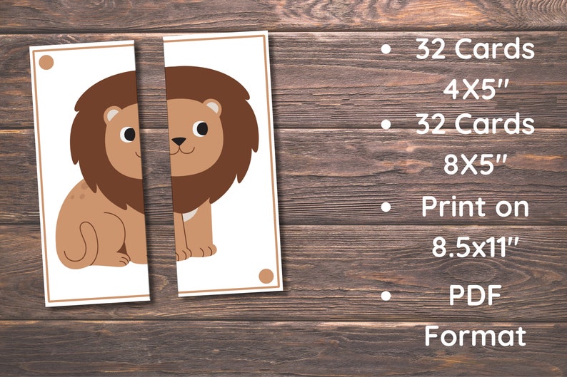 Op de afbeelding: Twee printbare kaarten met een cartoon-leeuw. De leeuw is bruin met een lichtbruine manen. De kaarten zijn 4x5 inch en maken deel uit van een set van 32 kaarten. De kaarten kunnen worden afgedrukt op 8,5x11 inch papier in PDF-formaat.