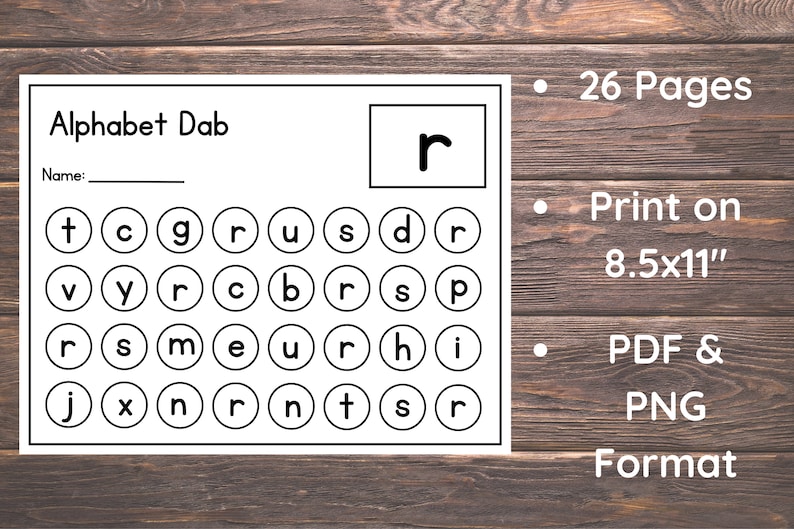 May include: Black and white alphabet dab activity sheet with the letter "r" highlighted. The sheet includes 26 pages and is printable on 8.5x11 inch paper. The file is available in PDF and PNG format.