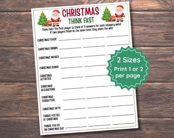 Christmas Think Fast Game, Christmas Party Game for Kids & Adults, Family Christmas Game, Holiday Printable Game, Classroom Activity
