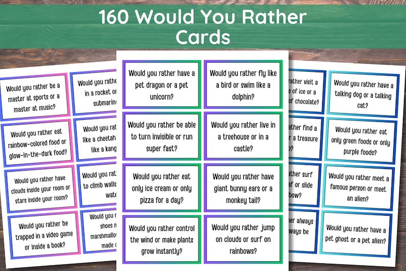 May include: A set of 160 "Would You Rather" cards. Each card features a question with two hypothetical scenarios. The cards are arranged in a grid, with each card having a colored border. The text on the cards is in a clear, easy-to-read font.
