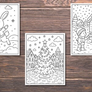 May include: Three black and white coloring pages on a wooden background. The pages depict a bunny in a sweater, a Christmas tree in a town square, and a child at a post office. Snowflakes and clouds are also present.