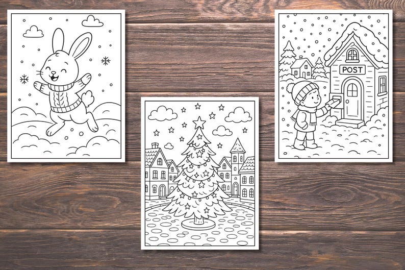 May include: Three black and white coloring pages on a wooden background. The pages depict a bunny in a sweater, a Christmas tree in a town square, and a child at a post office. Snowflakes and clouds are also present.