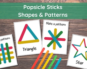 Popsicle Sticks Shapes Patterns Activity Game for Toddlers Montessori Printable Activities Preschool Printables for Kids Homeschool Resource